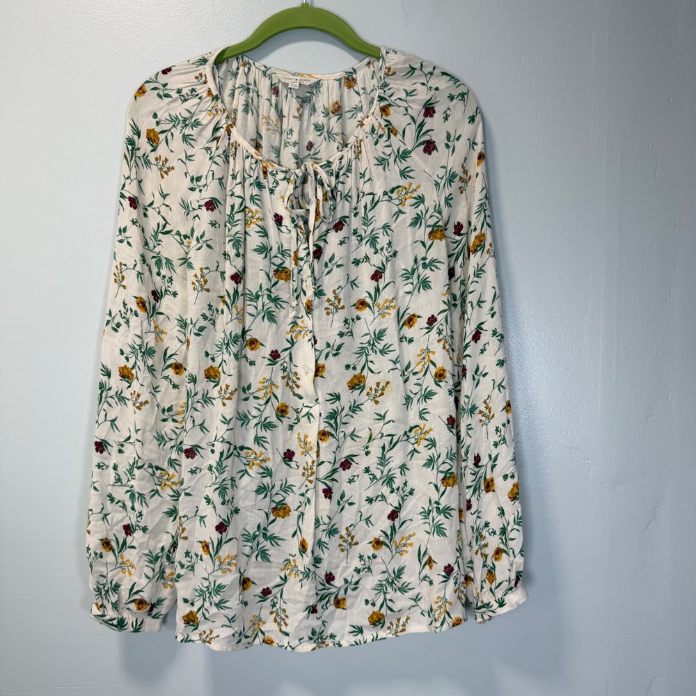 Lucky Brand Womens Floral Peasant Blouse Long Sleeve Tie Neck‎ Cream Size S